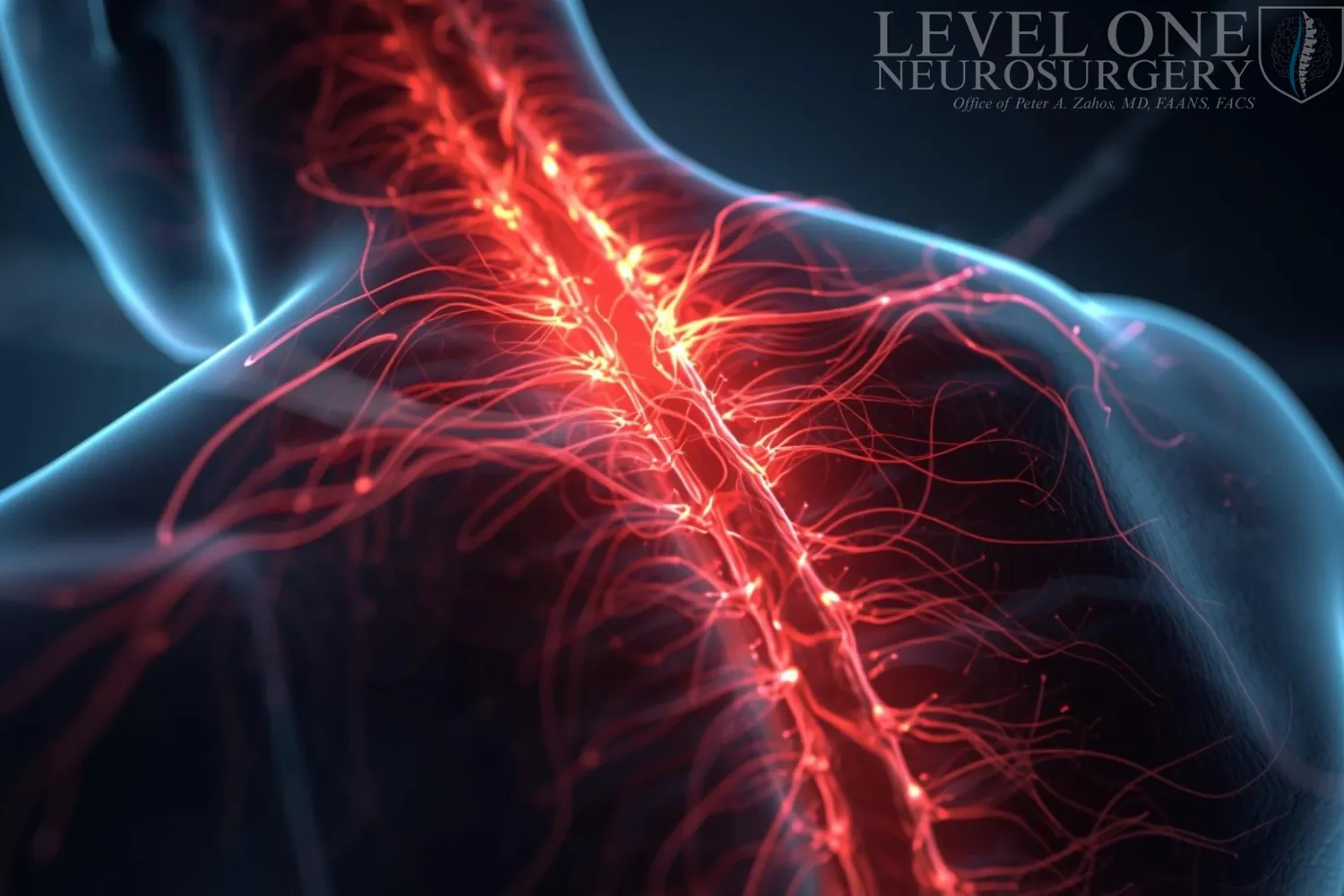 Illustration of irritated nerves along the spine and shoulder